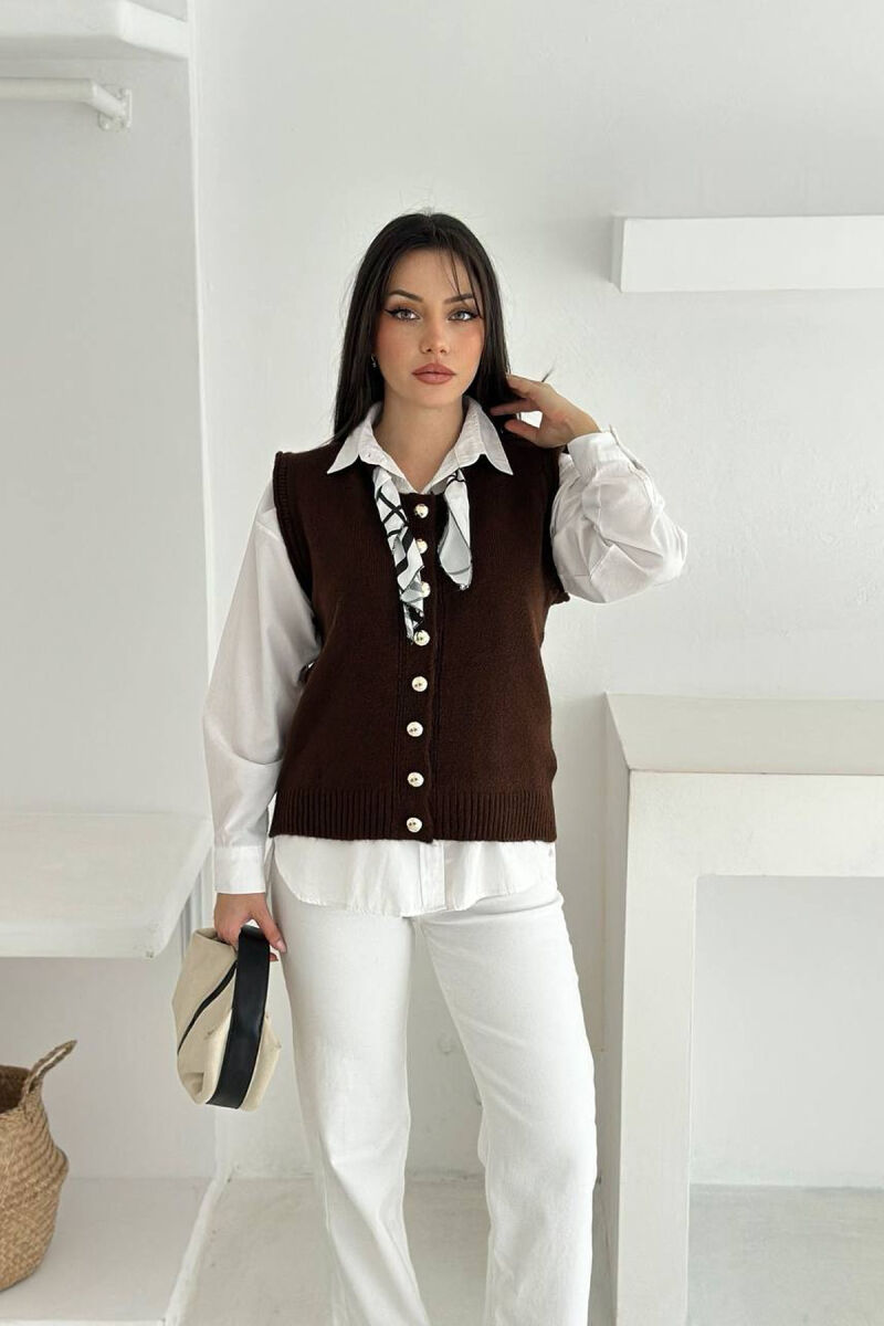 BUTTONED SLEEVELESS ONE COLOR WOMEN VEST BROWN/KAFE - 1