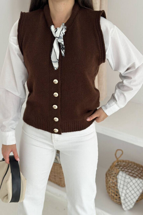 BUTTONED SLEEVELESS ONE COLOR WOMEN VEST BROWN/KAFE - 2