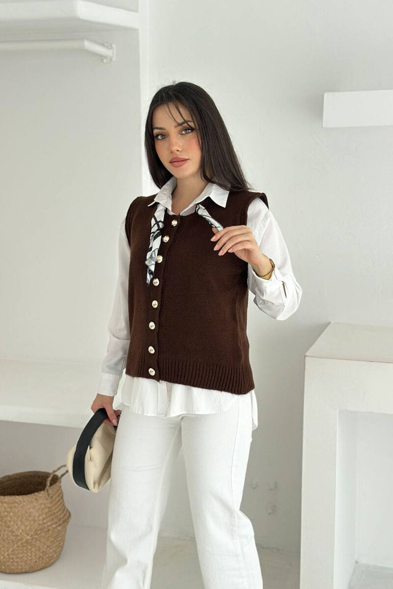 BUTTONED SLEEVELESS ONE COLOR WOMEN VEST BROWN/KAFE - 3