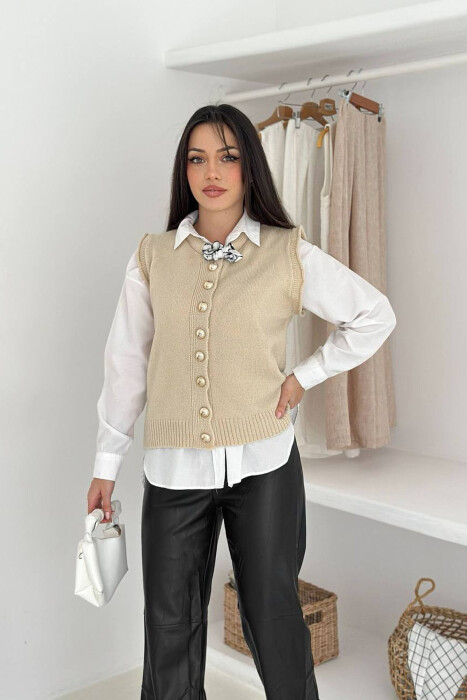 BUTTONED SLEEVELESS ONE COLOR WOMEN VEST CREAM/KREM - KLAUDIO FASHION