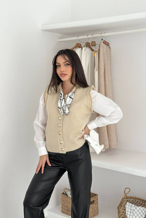 BUTTONED SLEEVELESS ONE COLOR WOMEN VEST CREAM/KREM - 2