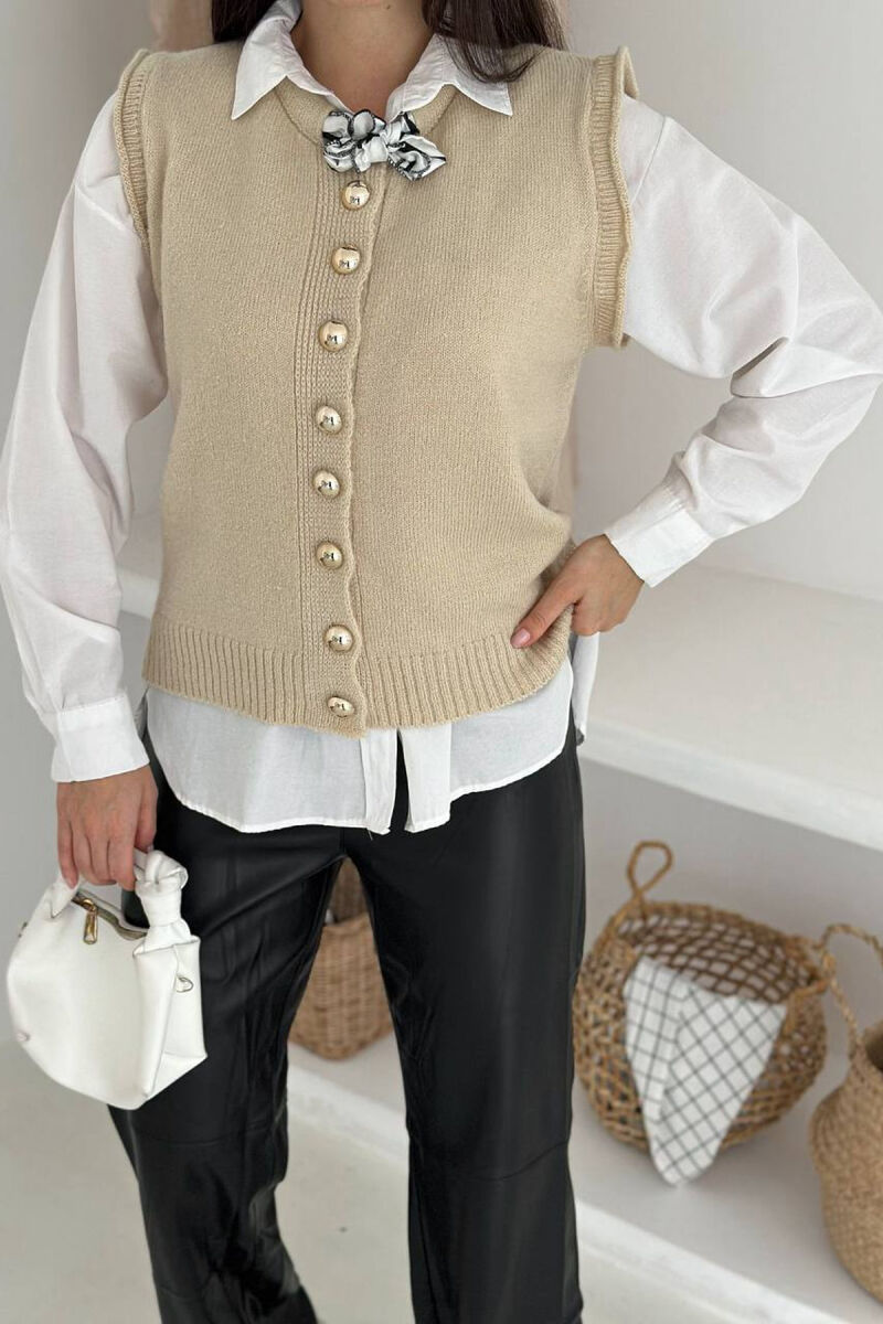 BUTTONED SLEEVELESS ONE COLOR WOMEN VEST CREAM/KREM - 3