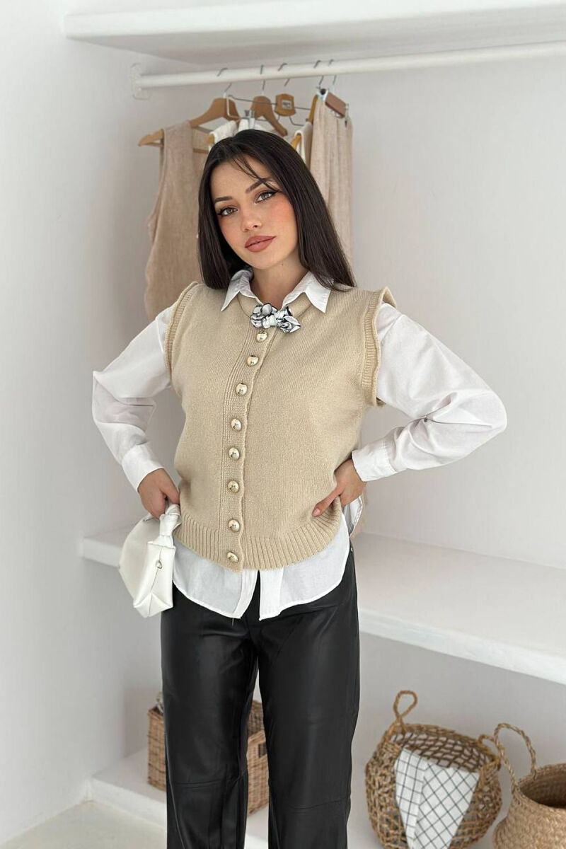 BUTTONED SLEEVELESS ONE COLOR WOMEN VEST CREAM/KREM - 4