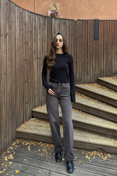 BUTTONED SLEEVES ROUND NECK WOMEN SWEATSHIRT BLACK/ E ZEZE - 2