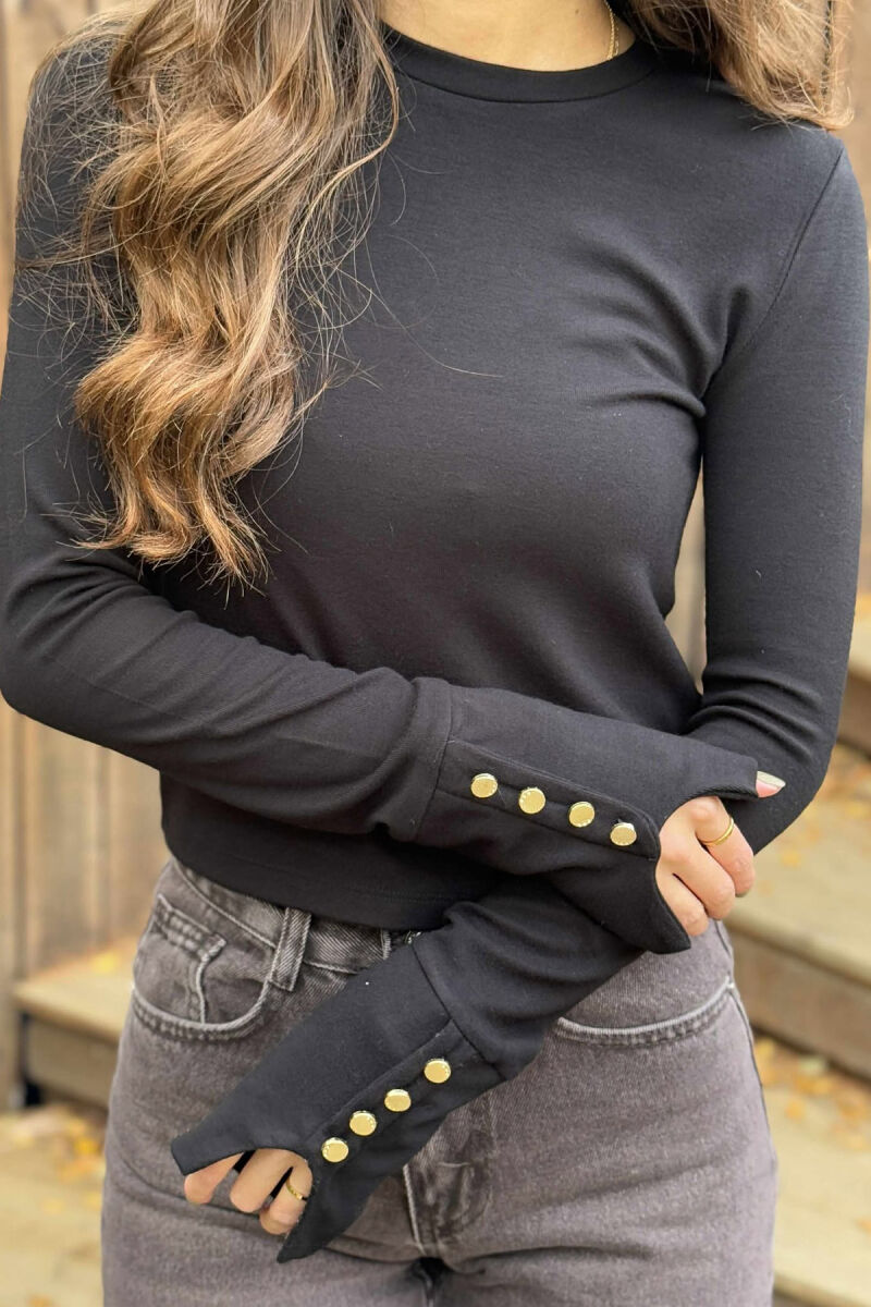 BUTTONED SLEEVES ROUND NECK WOMEN SWEATSHIRT BLACK/ E ZEZE - 3