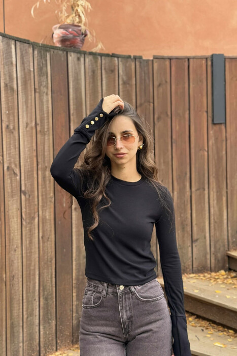 BUTTONED SLEEVES ROUND NECK WOMEN SWEATSHIRT BLACK/ E ZEZE - 4