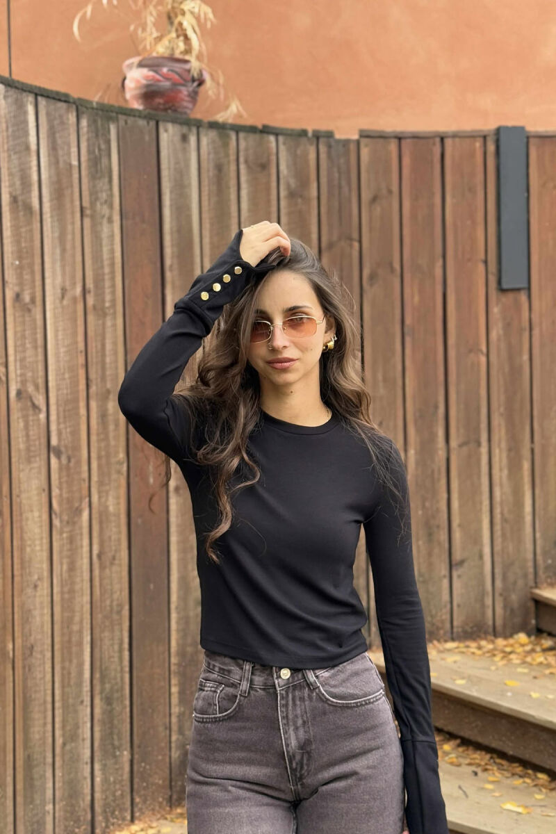 BUTTONED SLEEVES ROUND NECK WOMEN SWEATSHIRT BLACK/ E ZEZE - 4