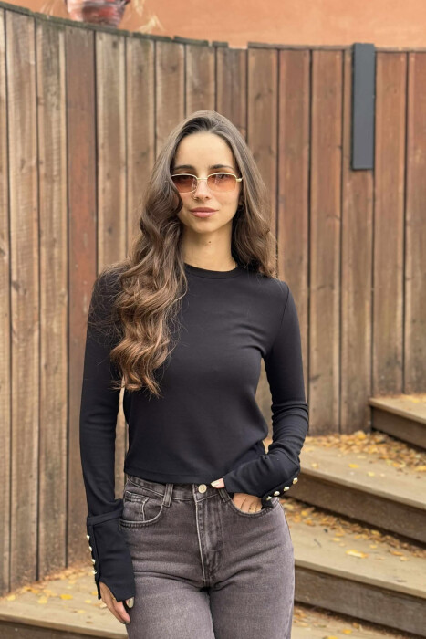 BUTTONED SLEEVES ROUND NECK WOMEN SWEATSHIRT BLACK/ E ZEZE 