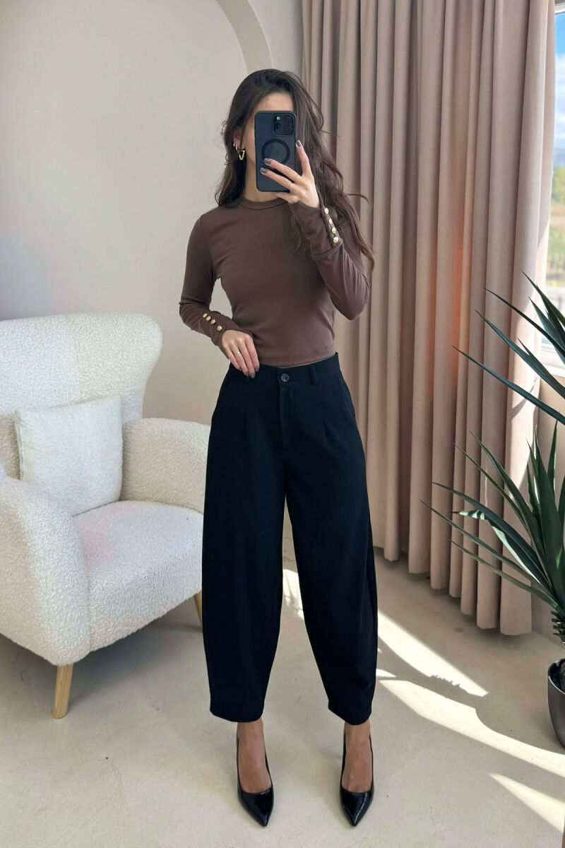 BUTTONED SLEEVES ROUND NECK WOMEN SWEATSHIRT BROWN/KAFE - 2