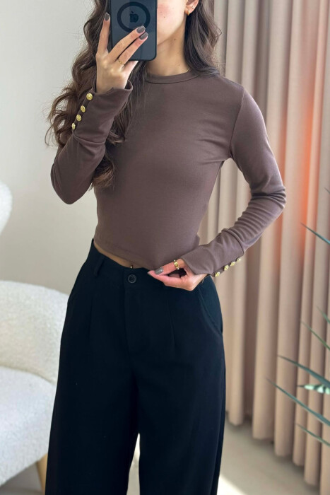 BUTTONED SLEEVES ROUND NECK WOMEN SWEATSHIRT BROWN/KAFE - 4