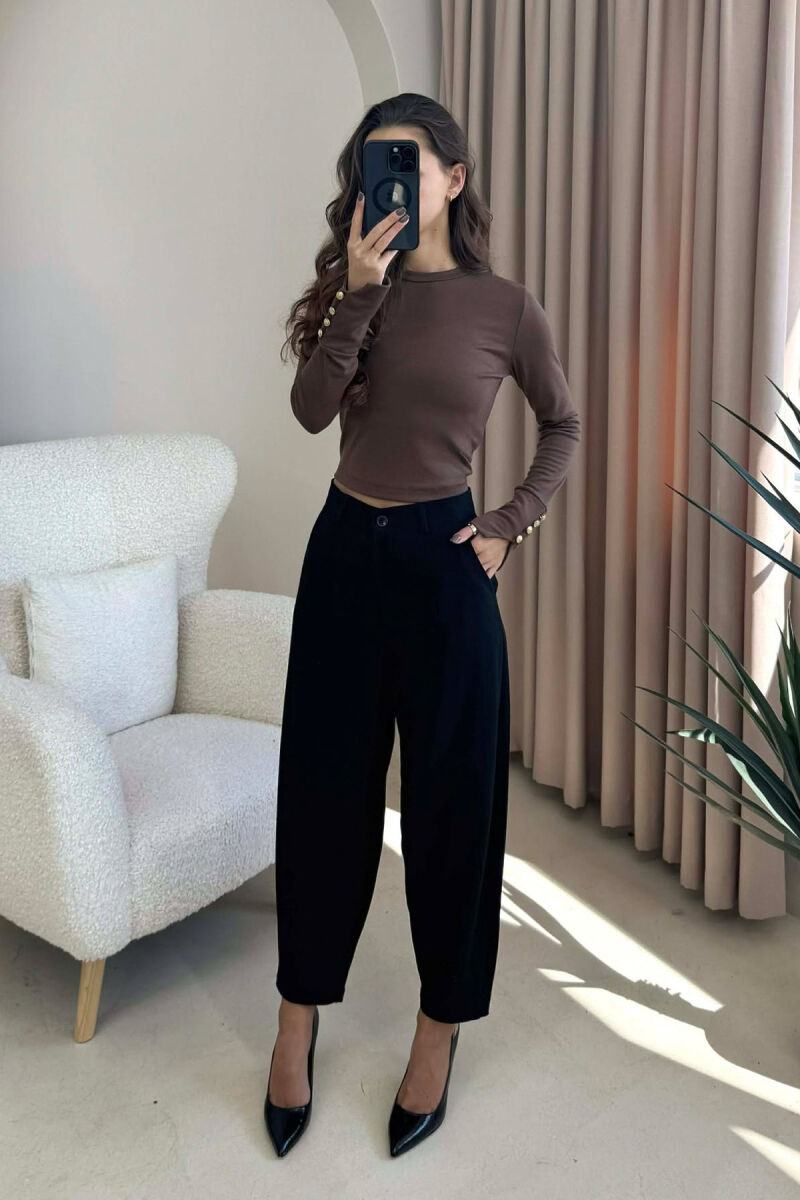 BUTTONED SLEEVES ROUND NECK WOMEN SWEATSHIRT BROWN/KAFE - 1