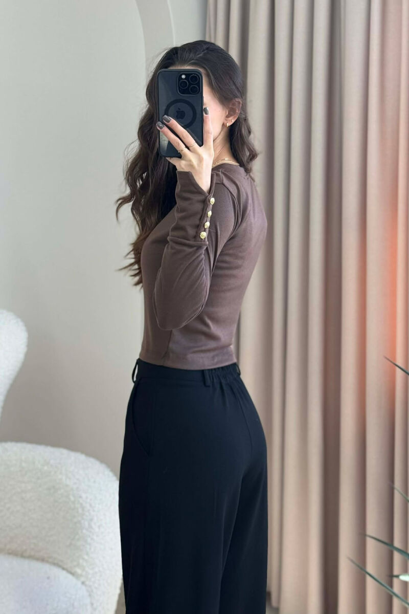 BUTTONED SLEEVES ROUND NECK WOMEN SWEATSHIRT BROWN/KAFE - 3