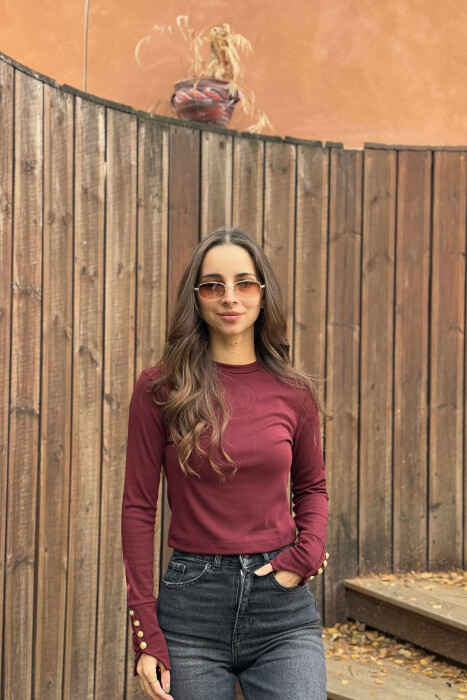 BUTTONED SLEEVES ROUND NECK WOMEN SWEATSHIRT BURGUNDY/VISHNJE - 