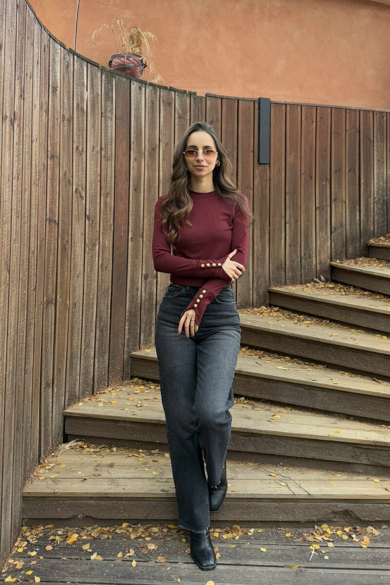 BUTTONED SLEEVES ROUND NECK WOMEN SWEATSHIRT BURGUNDY/VISHNJE - 3