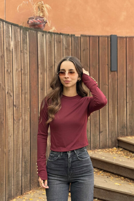 BUTTONED SLEEVES ROUND NECK WOMEN SWEATSHIRT BURGUNDY/VISHNJE - 5