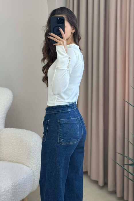 BUTTONED SLEEVES ROUND NECK WOMEN SWEATSHIRT WHITE-E BARDHE - 3