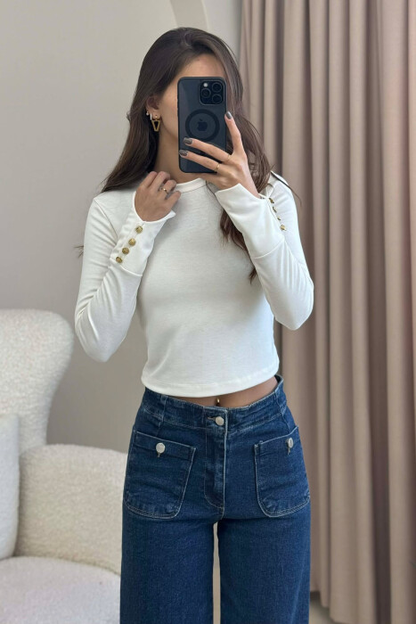 BUTTONED SLEEVES ROUND NECK WOMEN SWEATSHIRT WHITE-E BARDHE - 4