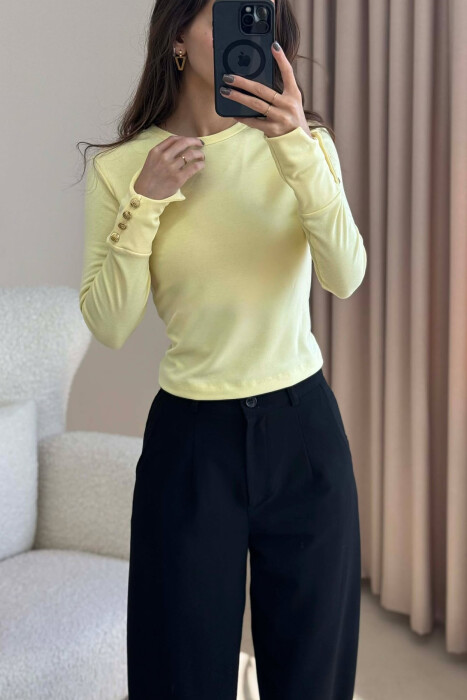 BUTTONED SLEEVES ROUND NECK WOMEN SWEATSHIRT YELLOW/E VERDHE - 4