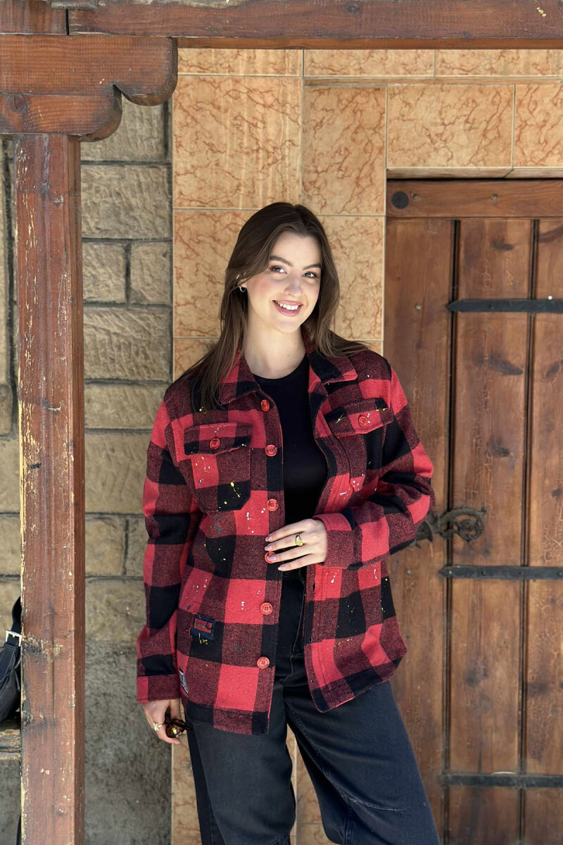 BUTTONED SQUARE PAINTED DESIGN WOMEN JACKET RED/E KUQE - 1