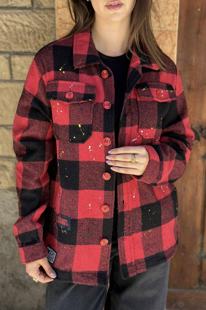 BUTTONED SQUARE PAINTED DESIGN WOMEN JACKET RED/E KUQE - 2