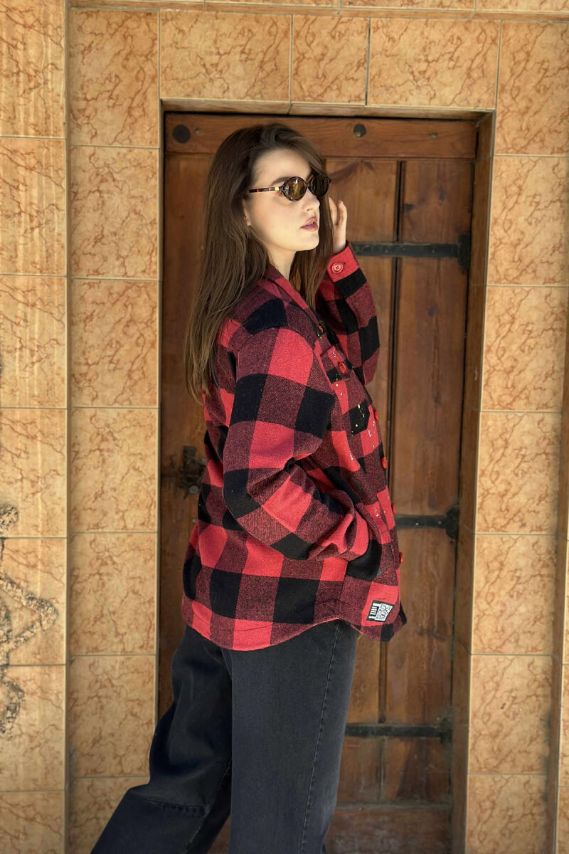 BUTTONED SQUARE PAINTED DESIGN WOMEN JACKET RED/E KUQE - 3
