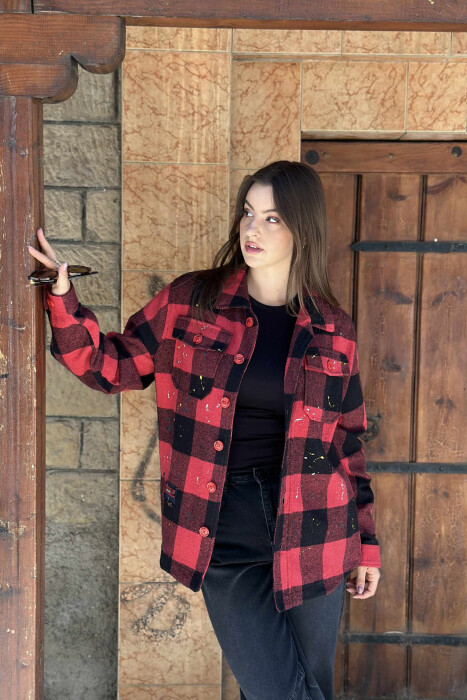 BUTTONED SQUARE PAINTED DESIGN WOMEN JACKET RED/E KUQE - 4