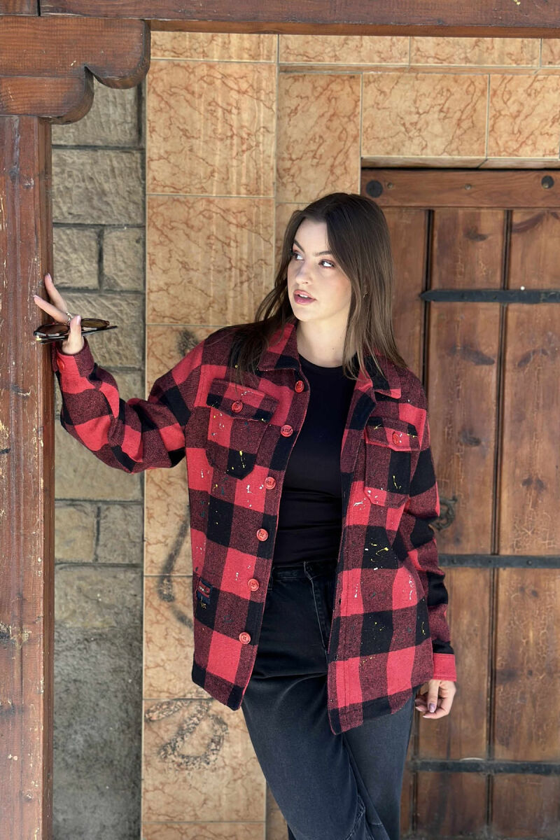 BUTTONED SQUARE PAINTED DESIGN WOMEN JACKET RED/E KUQE - 4