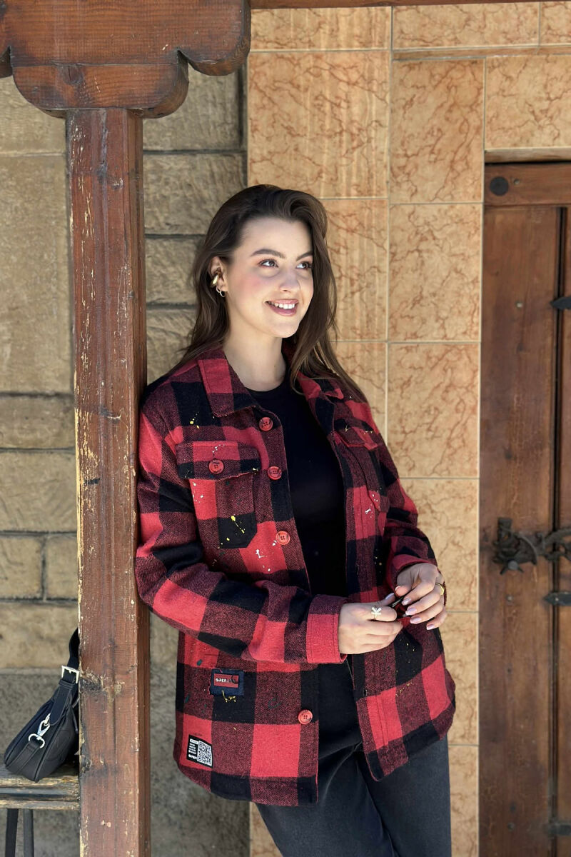 BUTTONED SQUARE PAINTED DESIGN WOMEN JACKET RED/E KUQE - 5