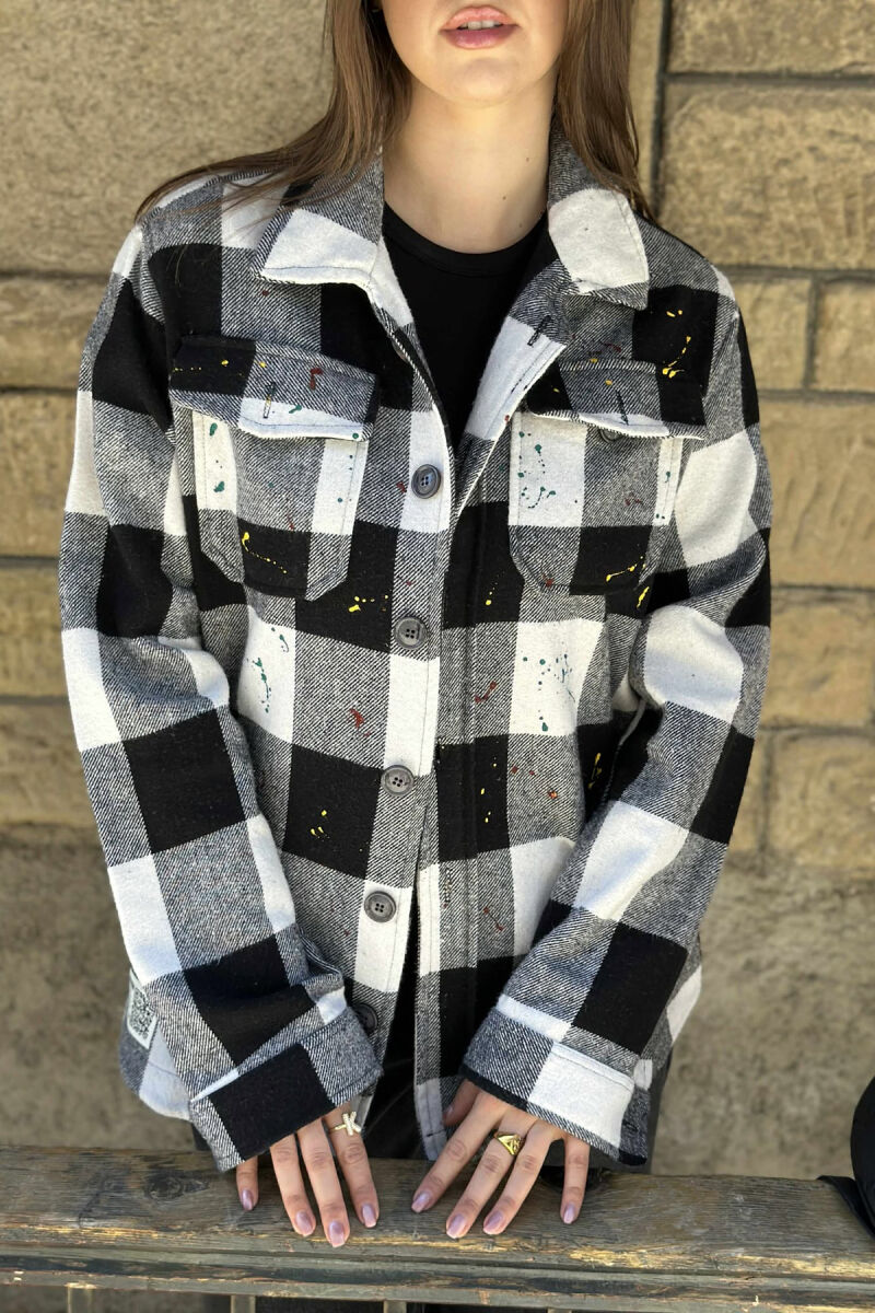 BUTTONED SQUARE PAINTED DESIGN WOMEN JACKET WHITE-BLACK/BAZE - 2