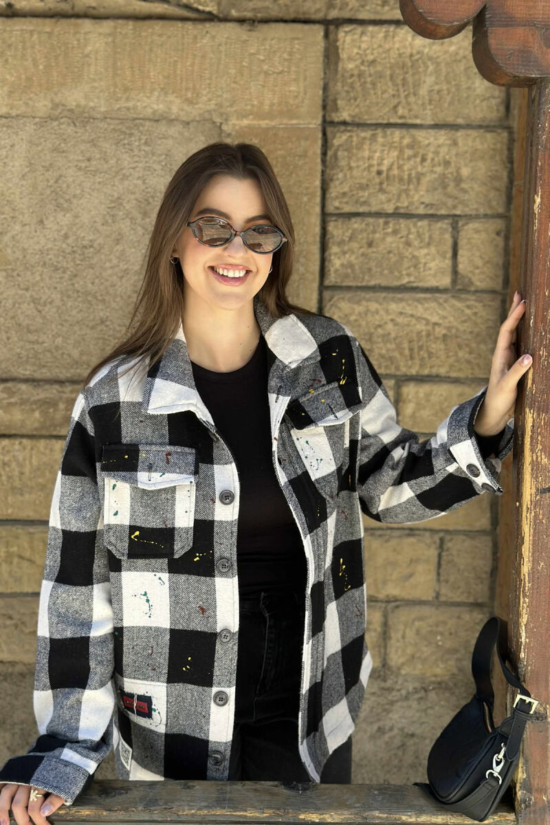 BUTTONED SQUARE PAINTED DESIGN WOMEN JACKET WHITE-BLACK/BAZE - 3