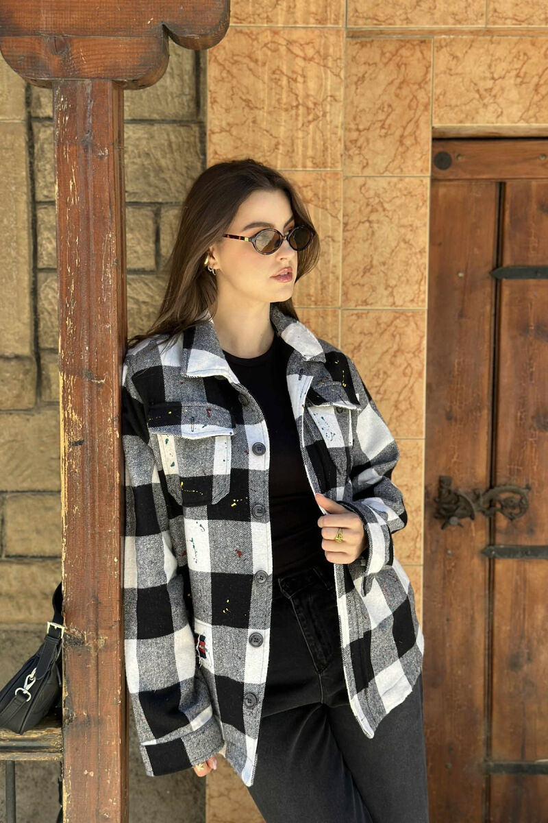 BUTTONED SQUARE PAINTED DESIGN WOMEN JACKET WHITE-BLACK/BAZE - 5