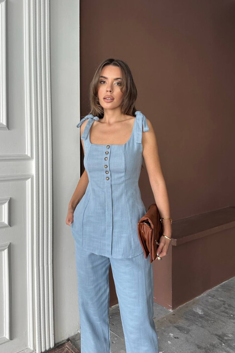 BUTTONED TANK TOP+ TROUSERS WOMAN TWO PIECE SET BABY BLUE/BLU BY - 3