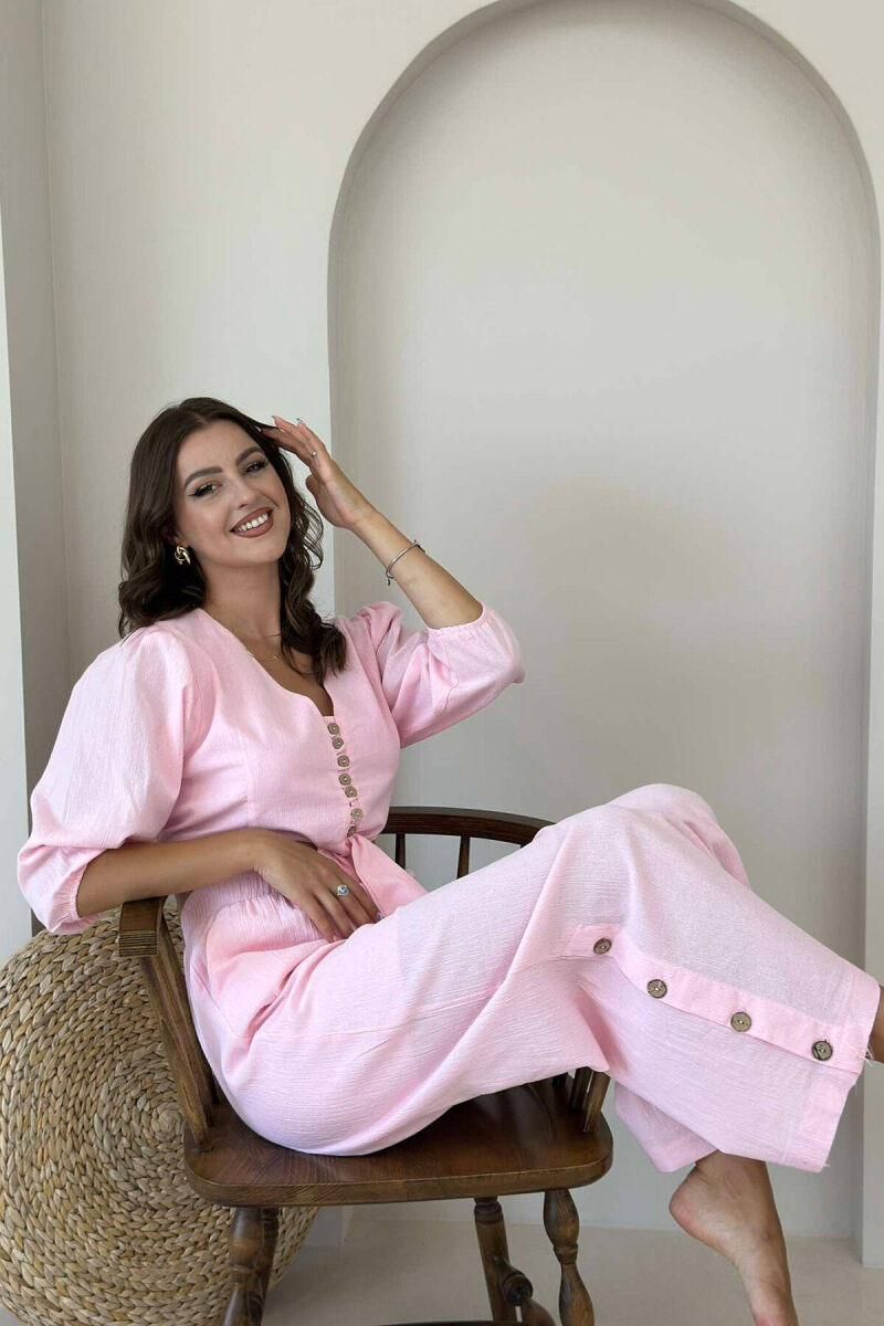 BUTTONS CROP AND PANTS WOMAN SET BABY PINK/ROZB - 1