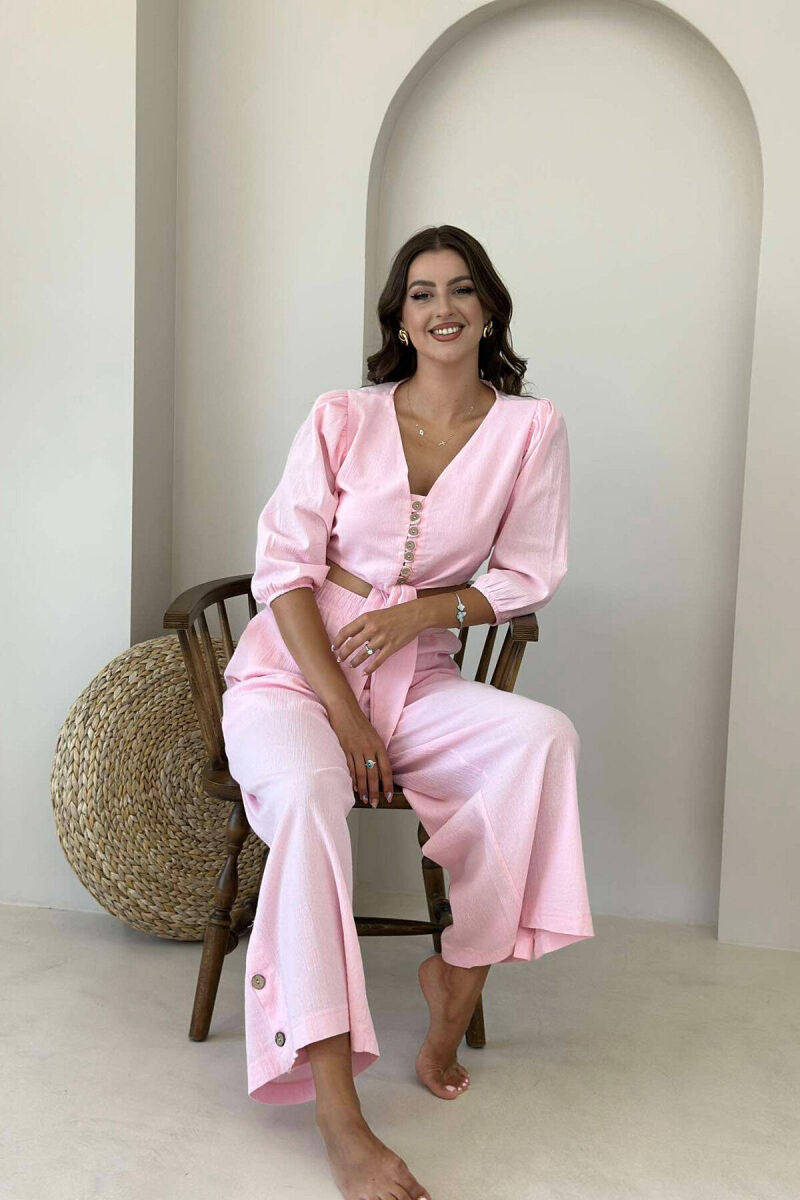 BUTTONS CROP AND PANTS WOMAN SET BABY PINK/ROZB - 2