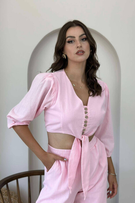 BUTTONS CROP AND PANTS WOMAN SET BABY PINK/ROZB - 3