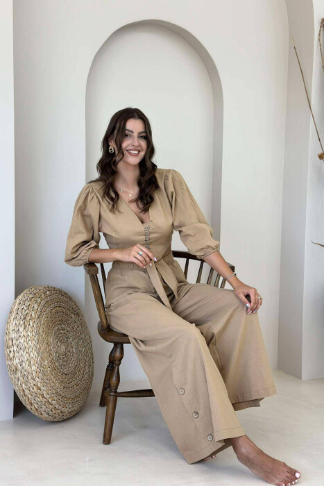 BUTTONS CROP AND PANTS WOMAN SET BEIGE/BEZHE 