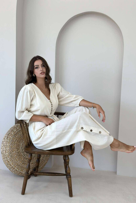 BUTTONS CROP AND PANTS WOMAN SET CREAM/KREM 