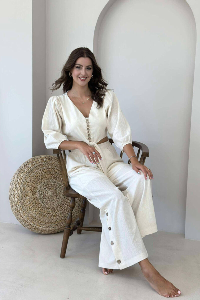 BUTTONS CROP AND PANTS WOMAN SET CREAM/KREM - 2