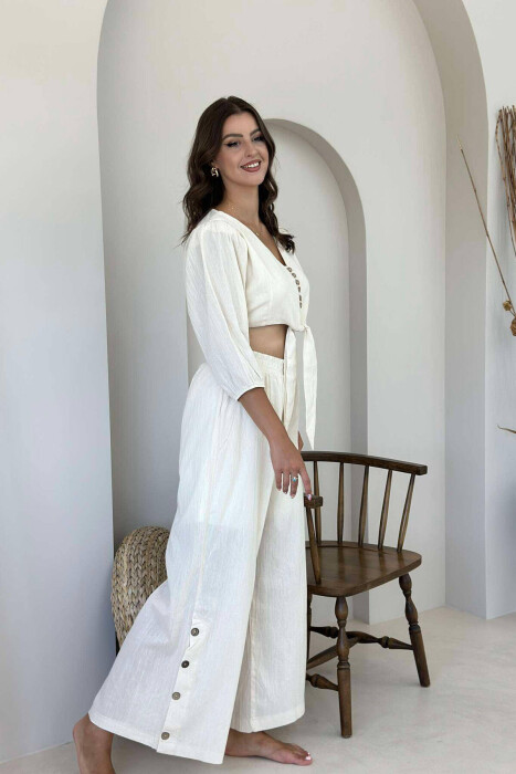 BUTTONS CROP AND PANTS WOMAN SET CREAM/KREM - 6