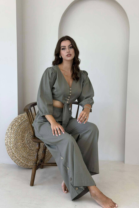 BUTTONS CROP AND PANTS WOMAN SET OLIVE/ULLI - 1