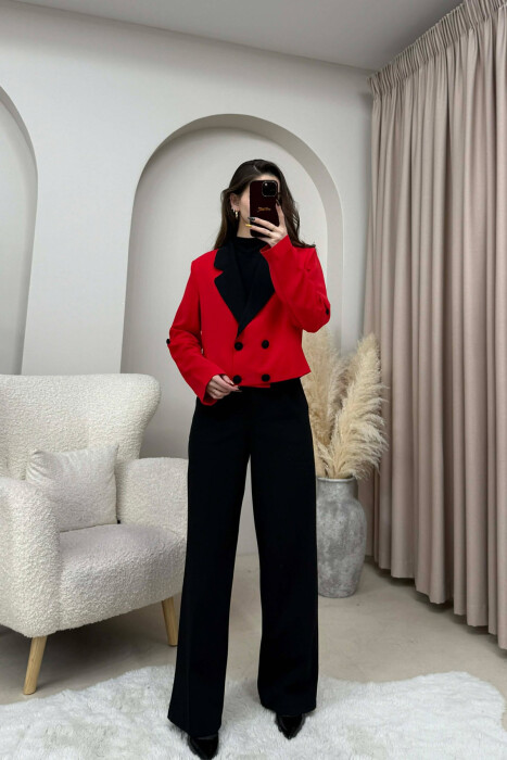 BUTTONS DETAIL CROPPED WOMEN JACKET RED/E KUQE - KLAUDIO FASHION