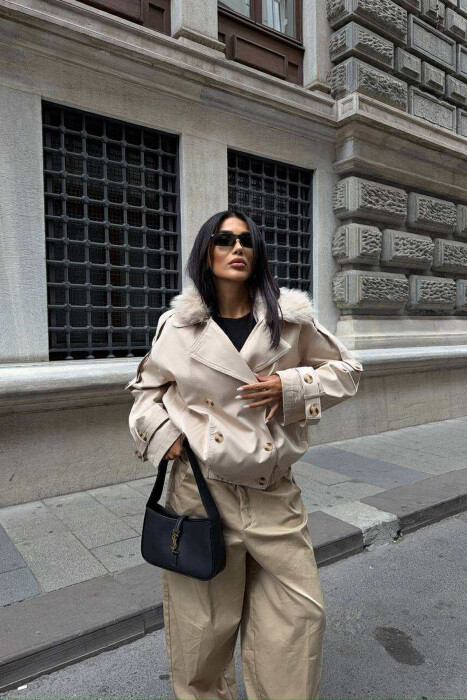 BUTTONS DETAIL FLUFFY NECK SHORT WOMEN JACKET BEIGE/BEZHE - KLAUDIO FASHION