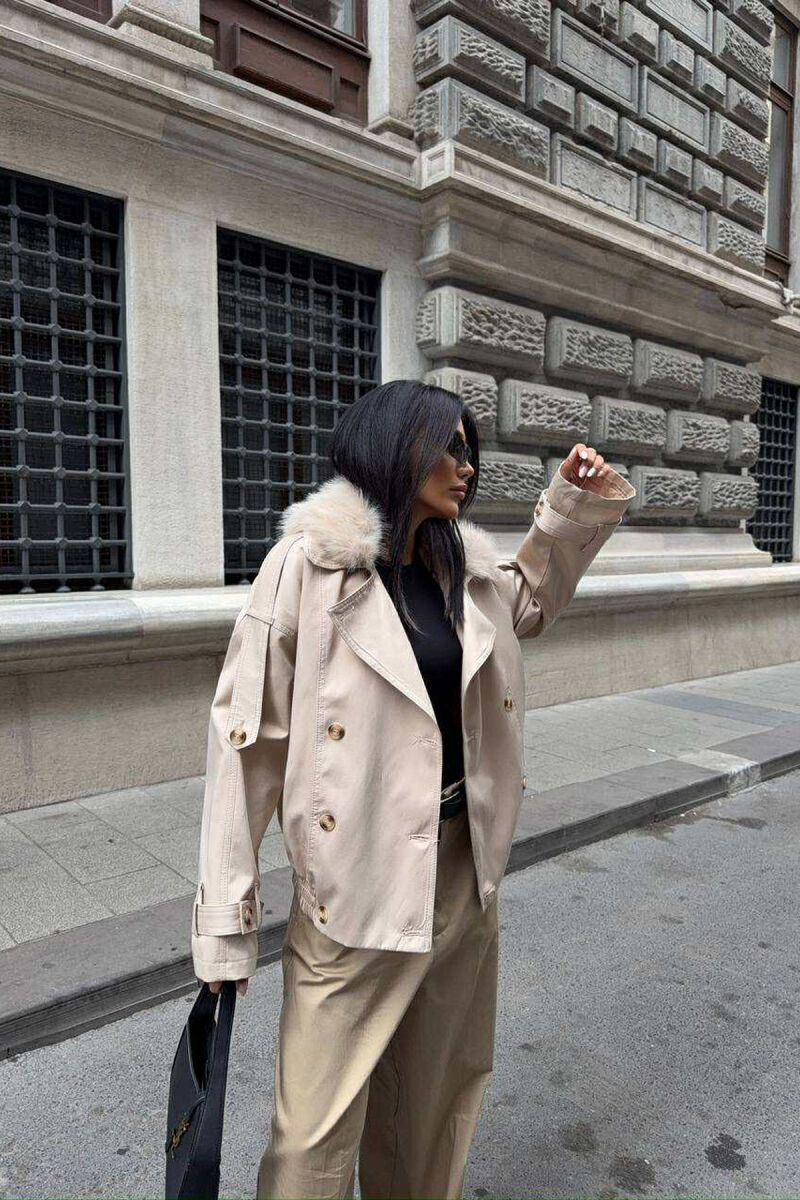 BUTTONS DETAIL FLUFFY NECK SHORT WOMEN JACKET BEIGE/BEZHE - 2