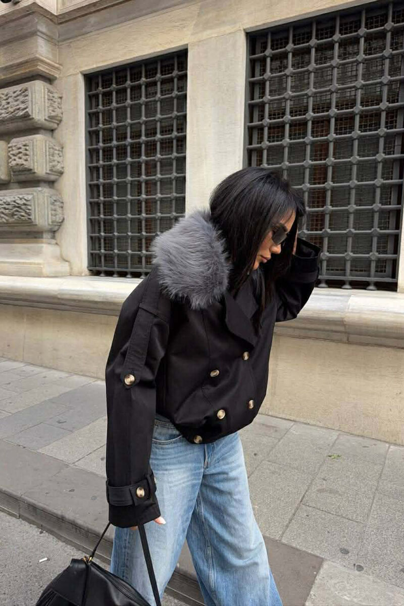 BUTTONS DETAIL FLUFFY NECK SHORT WOMEN JACKET BLACK/ E ZEZE - 3