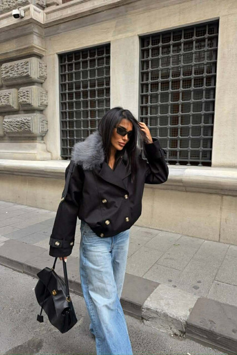 BUTTONS DETAIL FLUFFY NECK SHORT WOMEN JACKET BLACK/ E ZEZE - 4