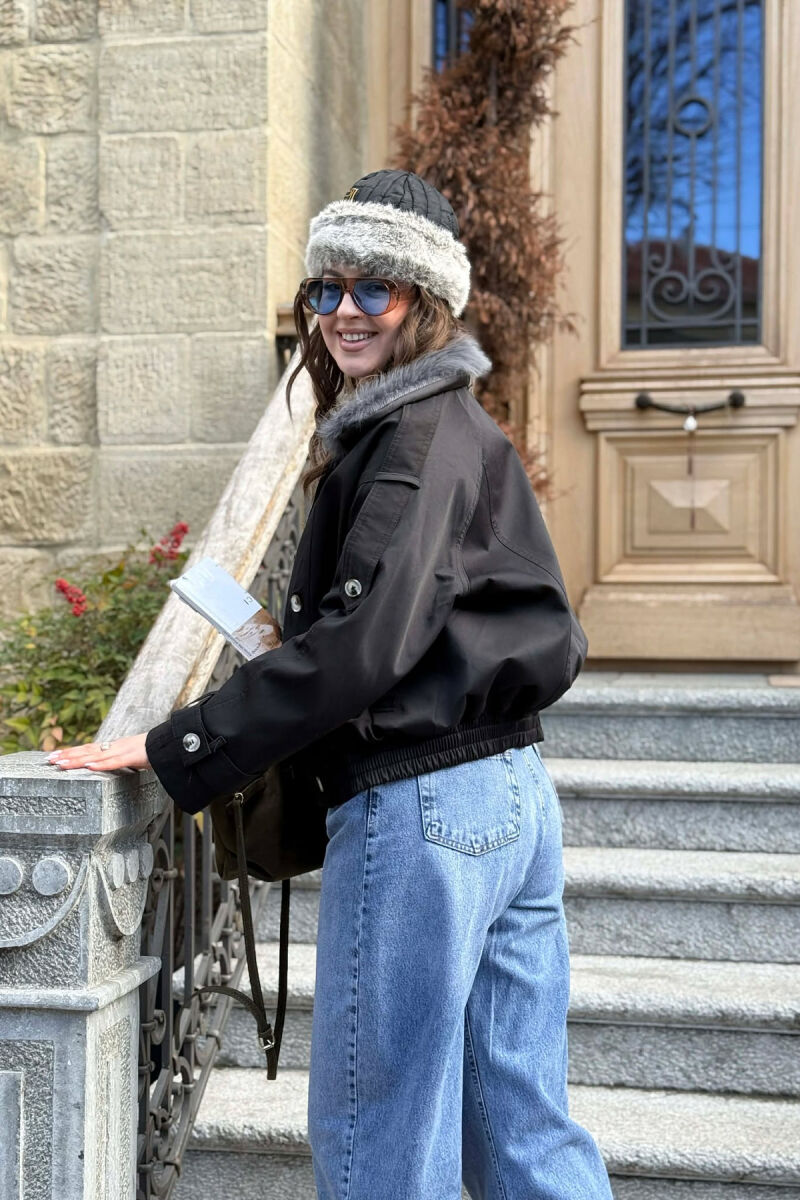 BUTTONS DETAIL FLUFFY NECK SHORT WOMEN JACKET BLACK/ E ZEZE - 3