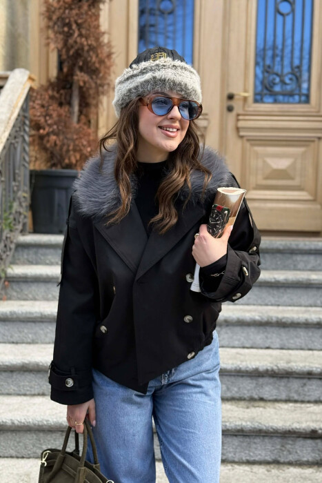 BUTTONS DETAIL FLUFFY NECK SHORT WOMEN JACKET BLACK/ E ZEZE - KLAUDIO FASHION