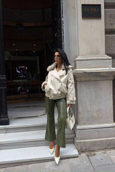 BUTTONS DETAIL FLUFFY NECK SHORT WOMEN JACKET CREAM/KREM - 5