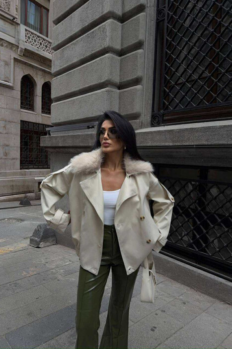 BUTTONS DETAIL FLUFFY NECK SHORT WOMEN JACKET CREAM/KREM - 6