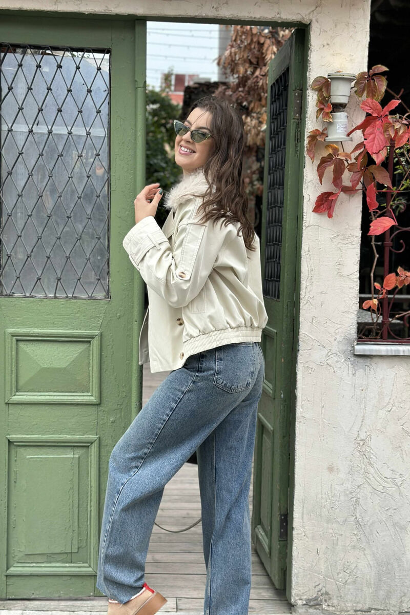 BUTTONS DETAIL FLUFFY NECK SHORT WOMEN JACKET CREAM/KREM - 3